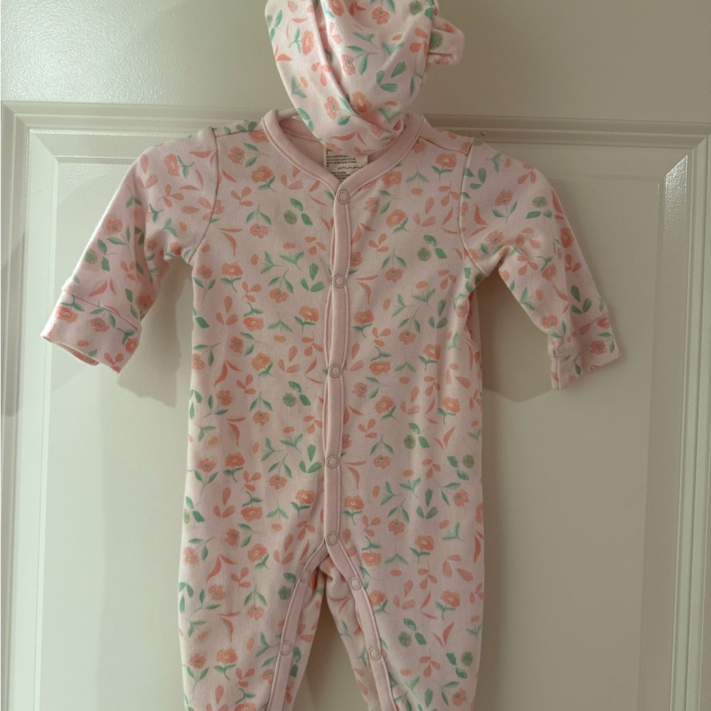 Floral Pink Baby One Piece 0-3 months  w/ matching hat